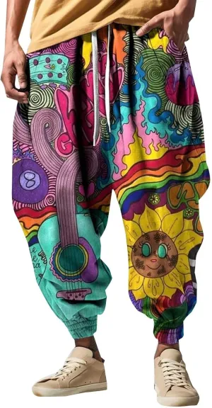 Funny Pattern Hippie Harem Pants for Men Baggy Loose Yoga Lounge Pants Hip Hop Aladdin Boho Drop Crotch Trousers