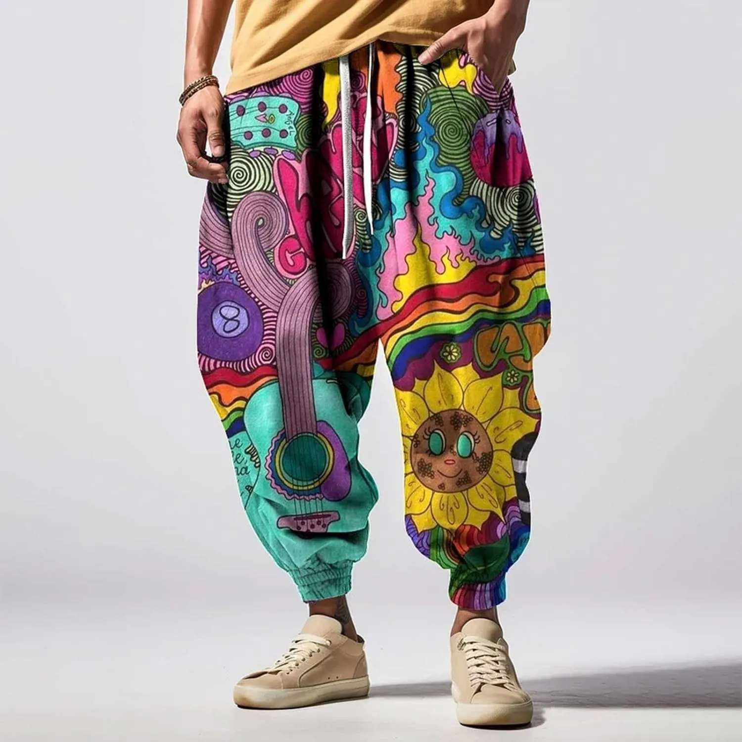 Funny Pattern Hippie Harem Pants for Men Baggy Loose Yoga Lounge Pants Hip Hop Aladdin Boho Drop Crotch Trousers