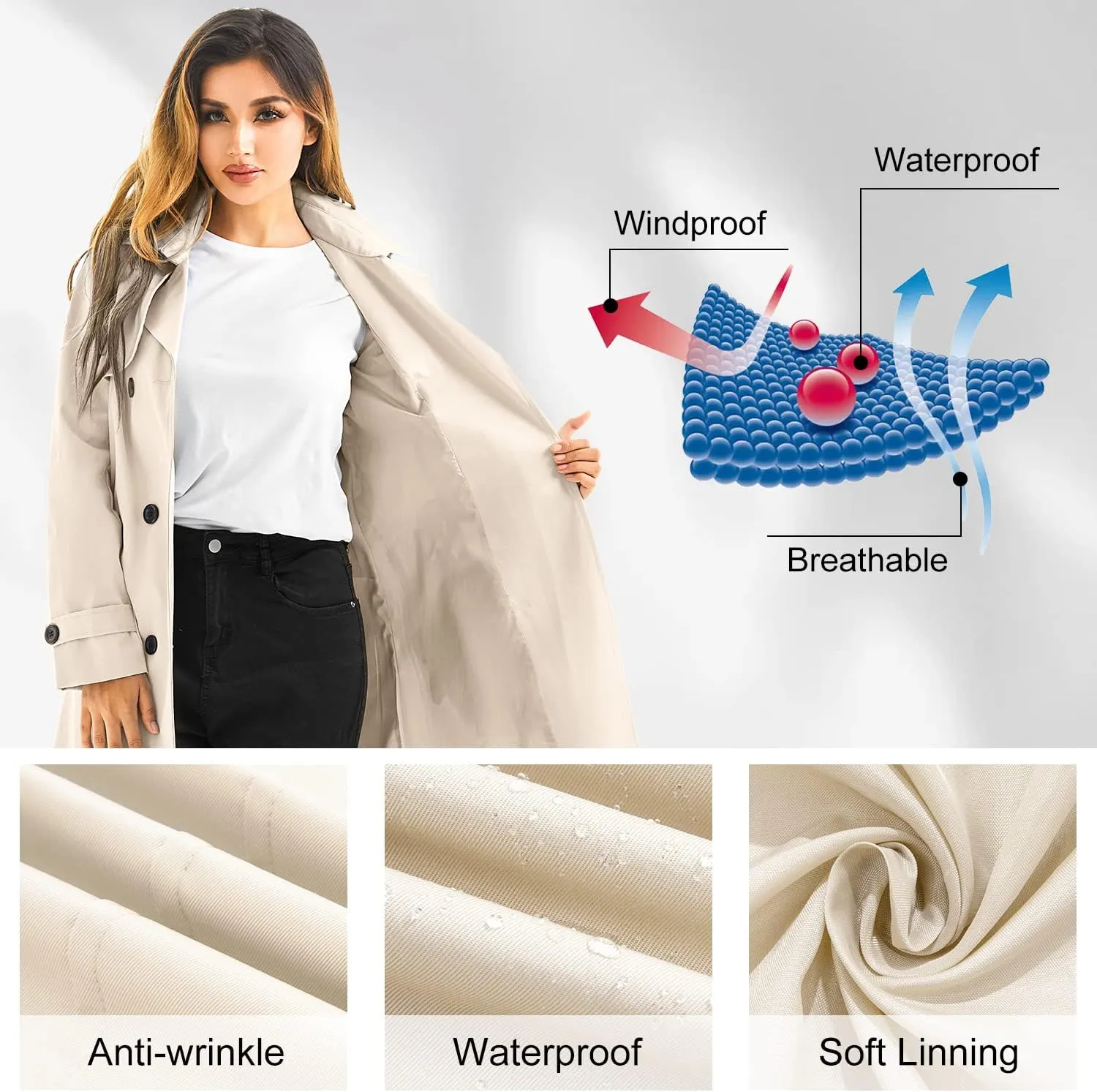 Garemcy Women's Long Waterproof Trench Coat Double Breasted Classic Lapel Coat Belted with Detachable Hood