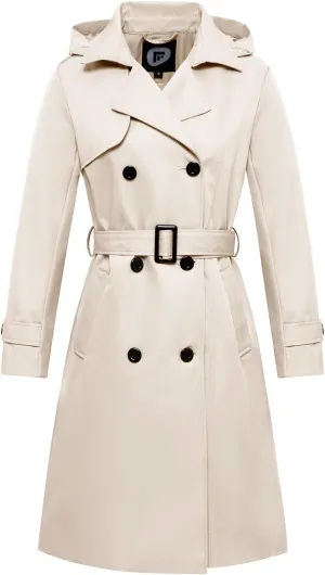 Garemcy Women's Long Waterproof Trench Coat Double Breasted Classic Lapel Coat Belted with Detachable Hood