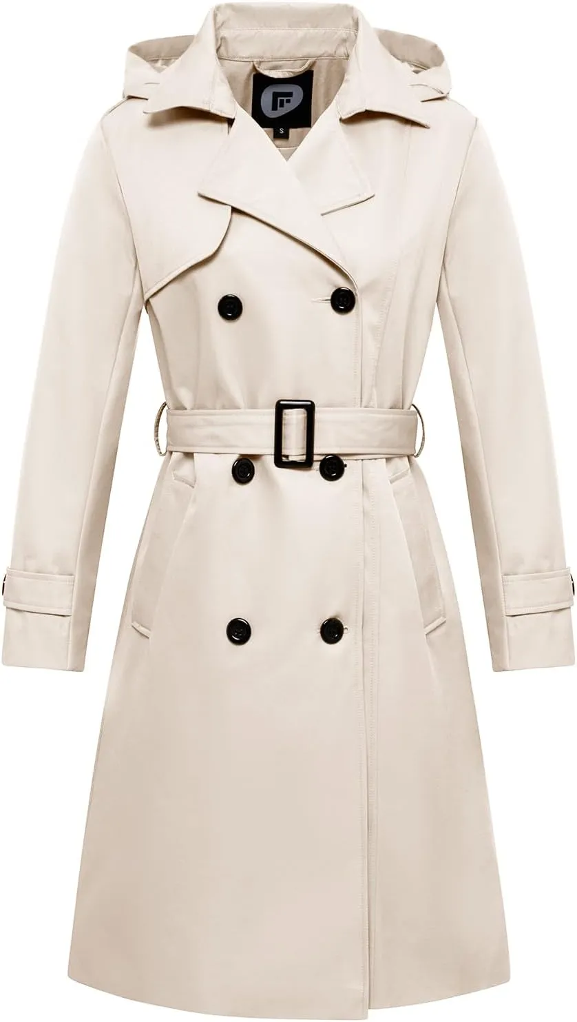 Garemcy Women's Long Waterproof Trench Coat Double Breasted Classic Lapel Coat Belted with Detachable Hood