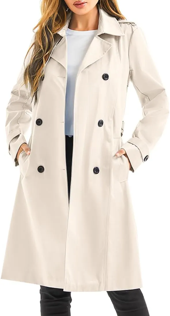 Garemcy Women's Long Waterproof Trench Coat Double Breasted Classic Lapel Coat Belted with Detachable Hood