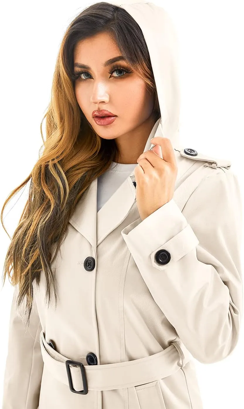 Garemcy Women's Long Waterproof Trench Coat Double Breasted Classic Lapel Coat Belted with Detachable Hood