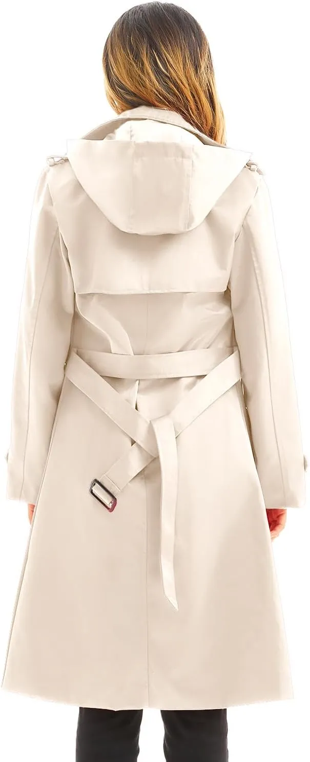 Garemcy Women's Long Waterproof Trench Coat Double Breasted Classic Lapel Coat Belted with Detachable Hood