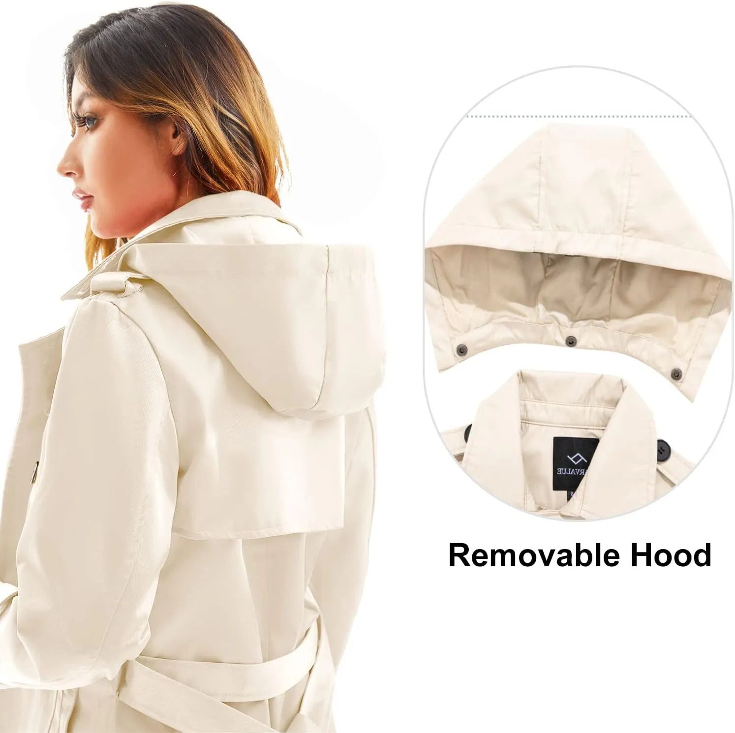 Garemcy Women's Long Waterproof Trench Coat Double Breasted Classic Lapel Coat Belted with Detachable Hood