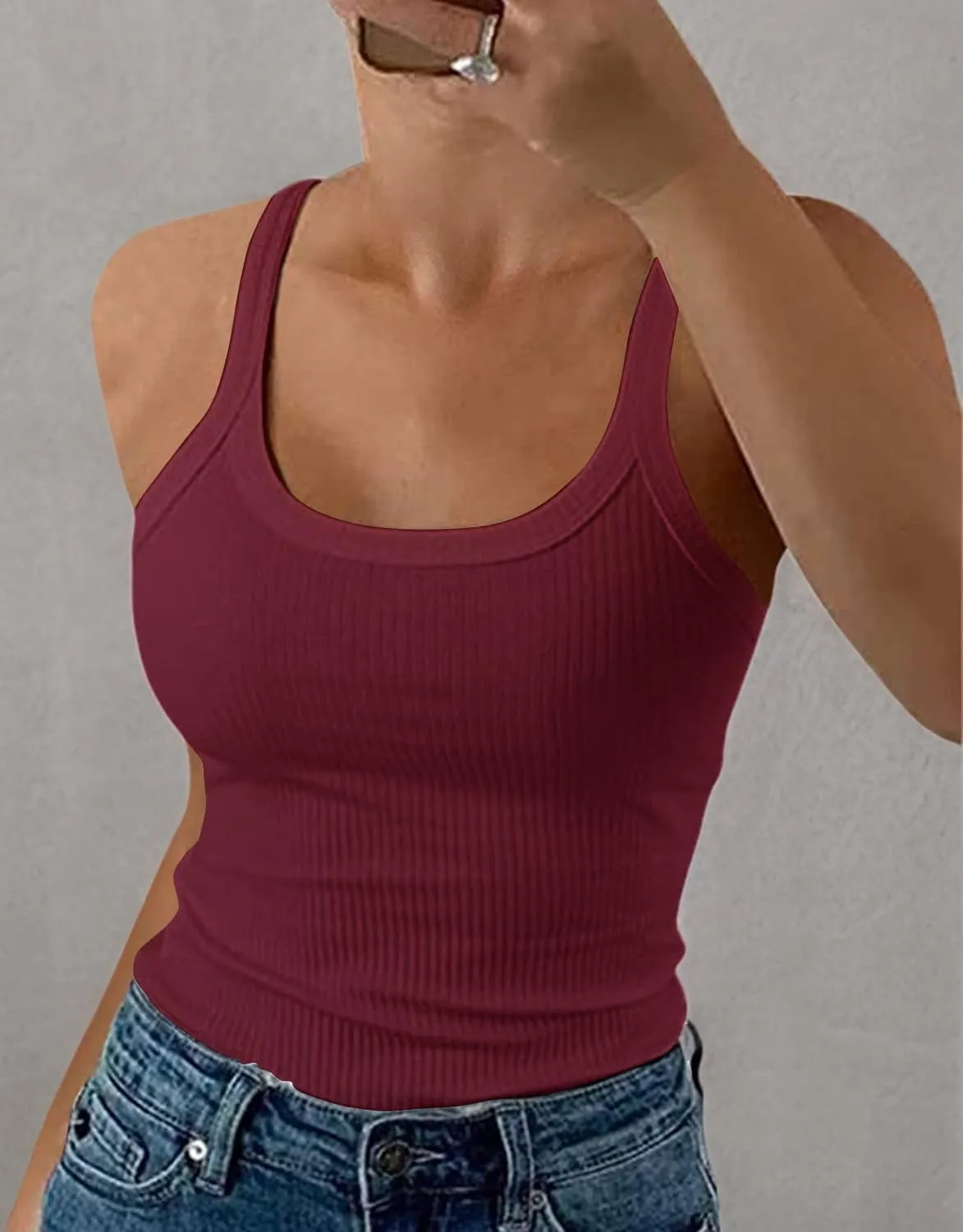 GEMBERA Women Spaghetti Strap Scoop Neck Ribbed Tank Tops Slim Fitted Cotton Camisole Basic Sleeveless Layering Shirts