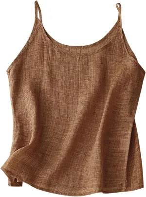Generic Women Cotton Linen Camisole Spaghetti Strap Cami Top Sleeveless Scoop Neck Solid Color Plain Loose Basic Tank Shirt