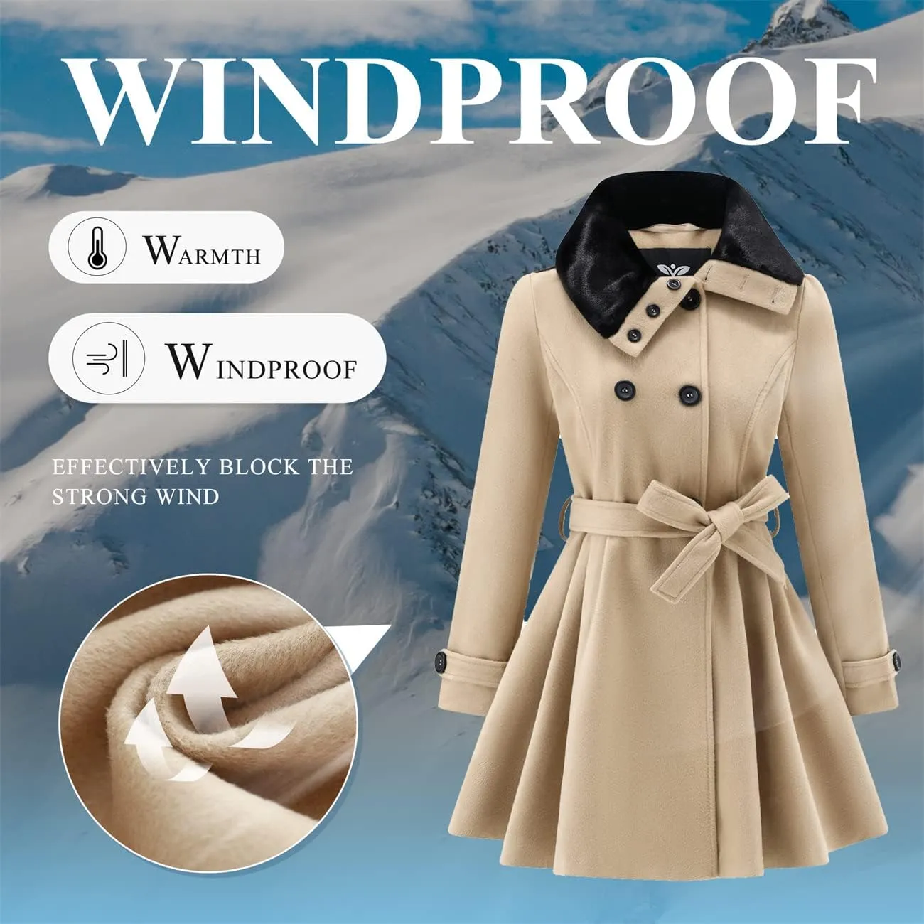 GGleaf Women's Fashion Thick Wool Coat Faux Fur Lapel Double-Breasted Trench Coat Winter Warm Jacket