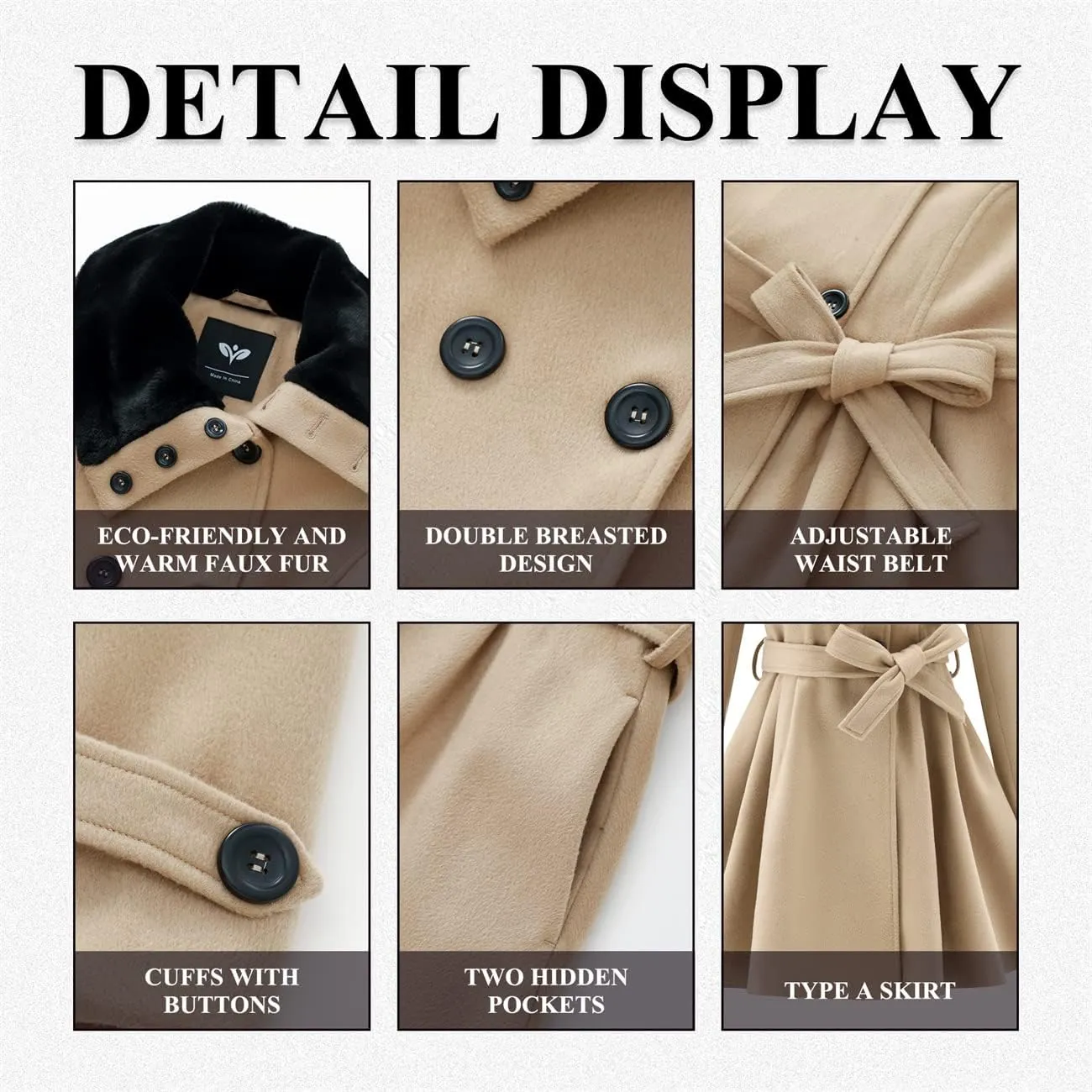 GGleaf Women's Fashion Thick Wool Coat Faux Fur Lapel Double-Breasted Trench Coat Winter Warm Jacket