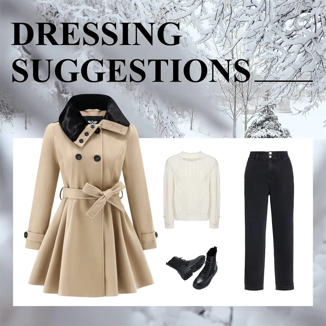GGleaf Women's Fashion Thick Wool Coat Faux Fur Lapel Double-Breasted Trench Coat Winter Warm Jacket