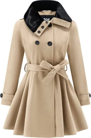 GGleaf Women's Fashion Thick Wool Coat Faux Fur Lapel Double-Breasted Trench Coat Winter Warm Jacket