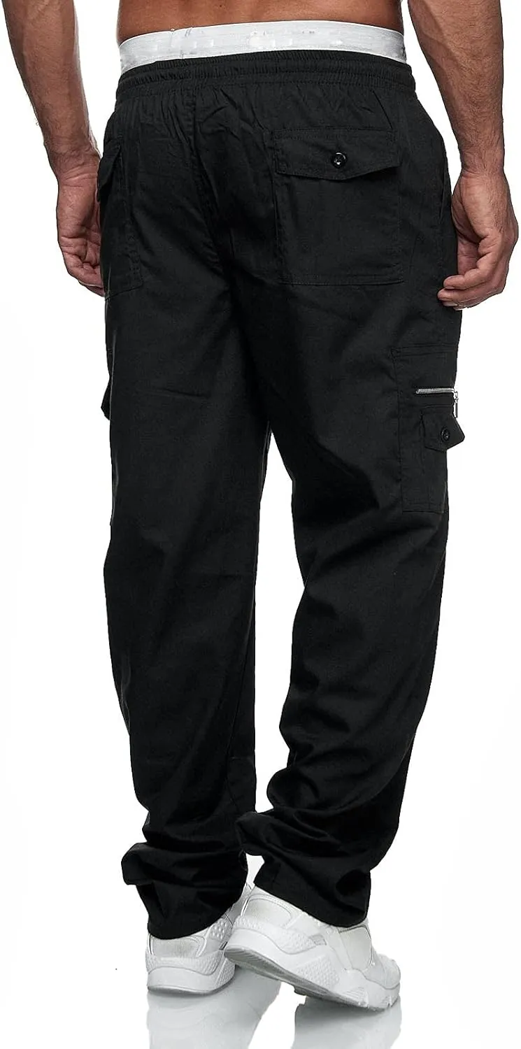 GIERIDUC Men's Linen Cotton Pants Men's Elasticated Waist Smart Trousers Mens Stretch Waist Trousers Mens Dark Green Trousers
