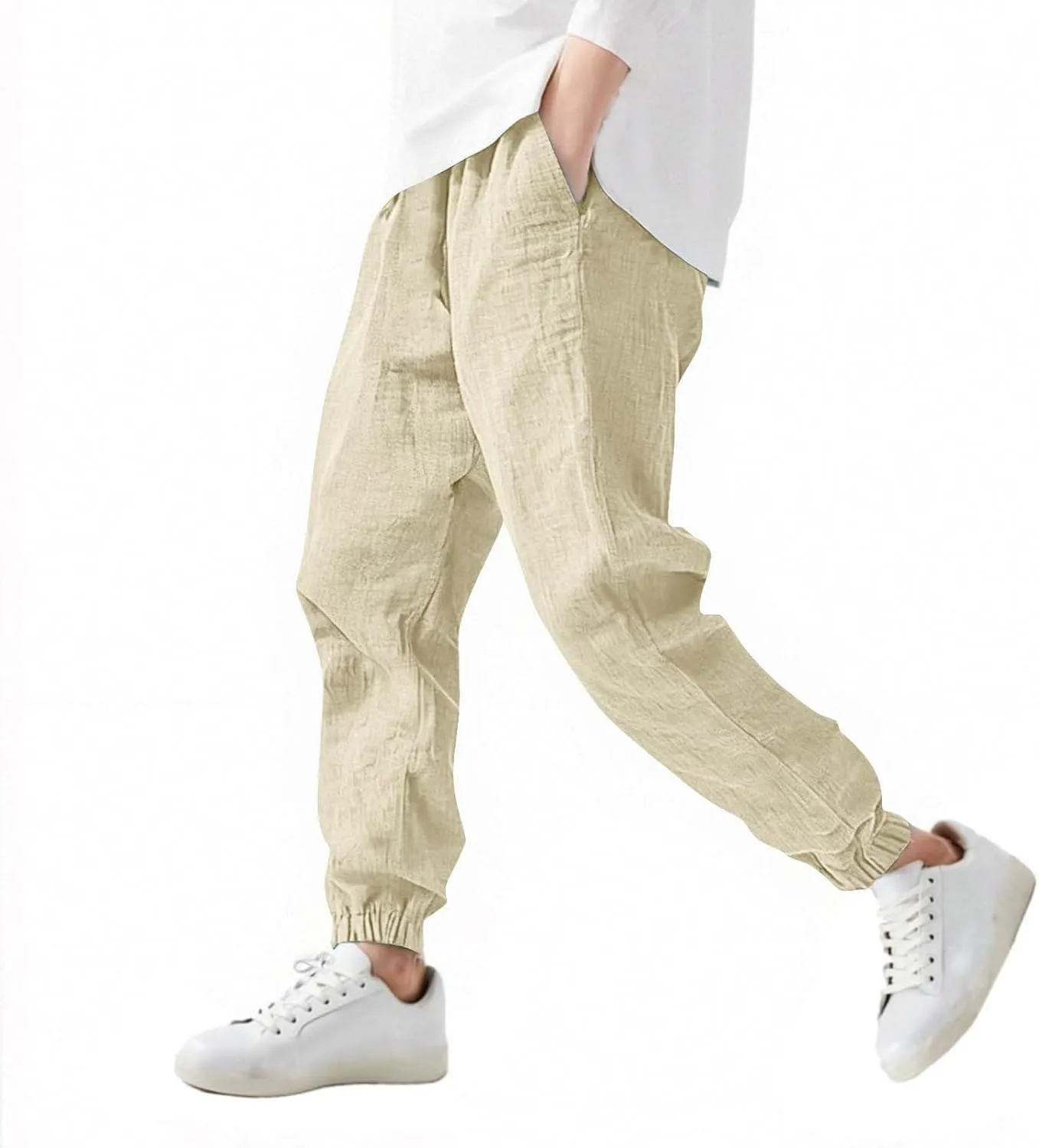 Girls Boys Casual Cotton Linen Pants Elastic Waist Drawstring Pants Kids Unisex Trendy Cinch Bottom Long Trousers