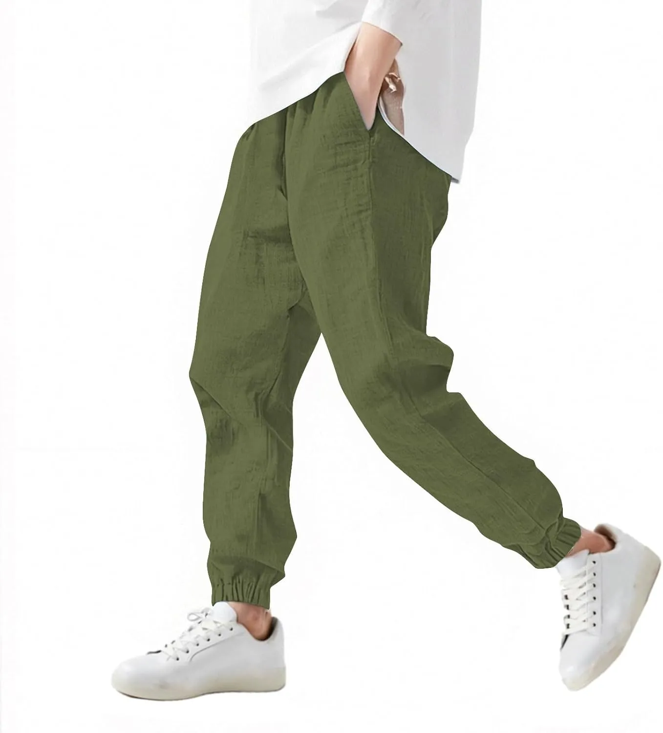 Girls Boys Casual Cotton Linen Pants Elastic Waist Drawstring Pants Kids Unisex Trendy Cinch Bottom Long Trousers