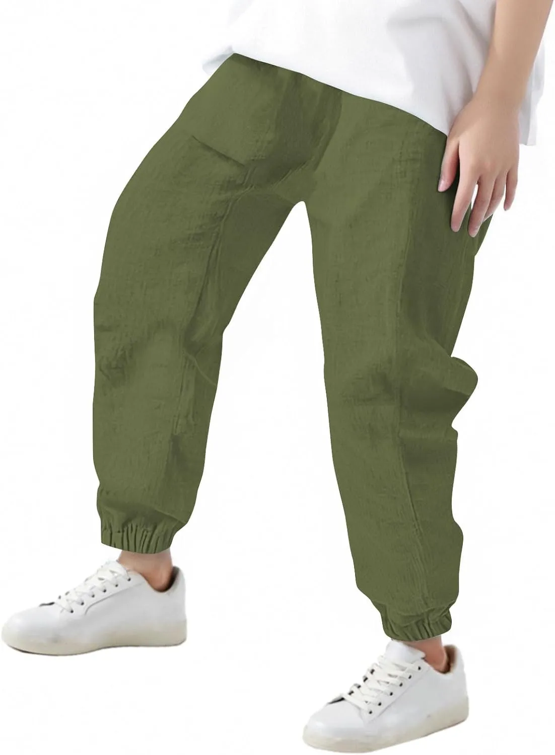 Girls Boys Casual Cotton Linen Pants Elastic Waist Drawstring Pants Kids Unisex Trendy Cinch Bottom Long Trousers