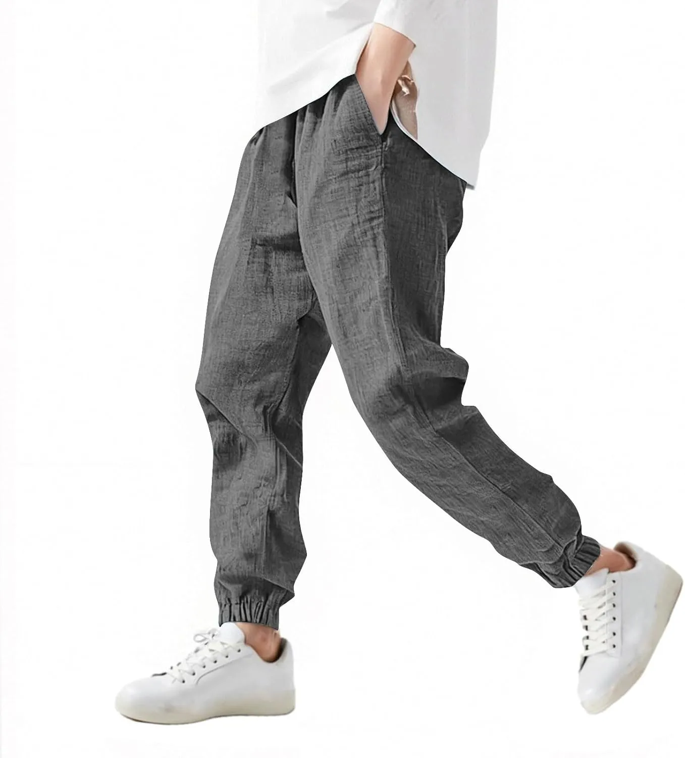 Girls Boys Casual Cotton Linen Pants Elastic Waist Drawstring Pants Kids Unisex Trendy Cinch Bottom Long Trousers
