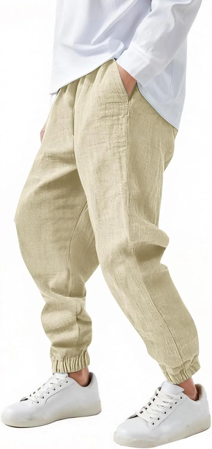 Girls Boys Casual Cotton Linen Pants Elastic Waist Drawstring Pants Kids Unisex Trendy Cinch Bottom Long Trousers
