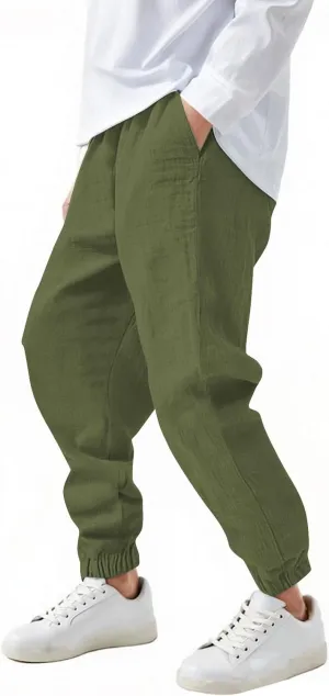 Girls Boys Casual Cotton Linen Pants Elastic Waist Drawstring Pants Kids Unisex Trendy Cinch Bottom Long Trousers