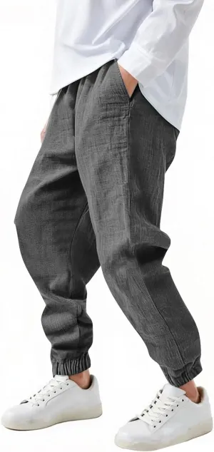 Girls Boys Casual Cotton Linen Pants Elastic Waist Drawstring Pants Kids Unisex Trendy Cinch Bottom Long Trousers