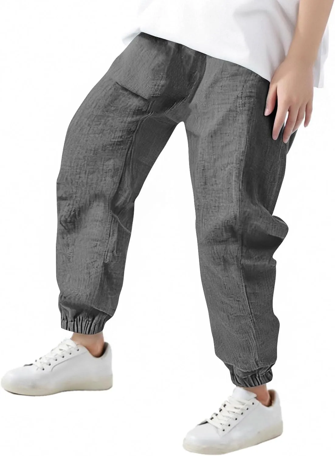 Girls Boys Casual Cotton Linen Pants Elastic Waist Drawstring Pants Kids Unisex Trendy Cinch Bottom Long Trousers