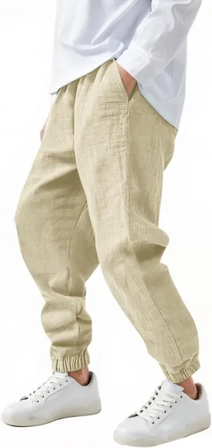 Girls Boys Casual Cotton Linen Pants Elastic Waist Drawstring Pants Kids Unisex Trendy Cinch Bottom Long Trousers