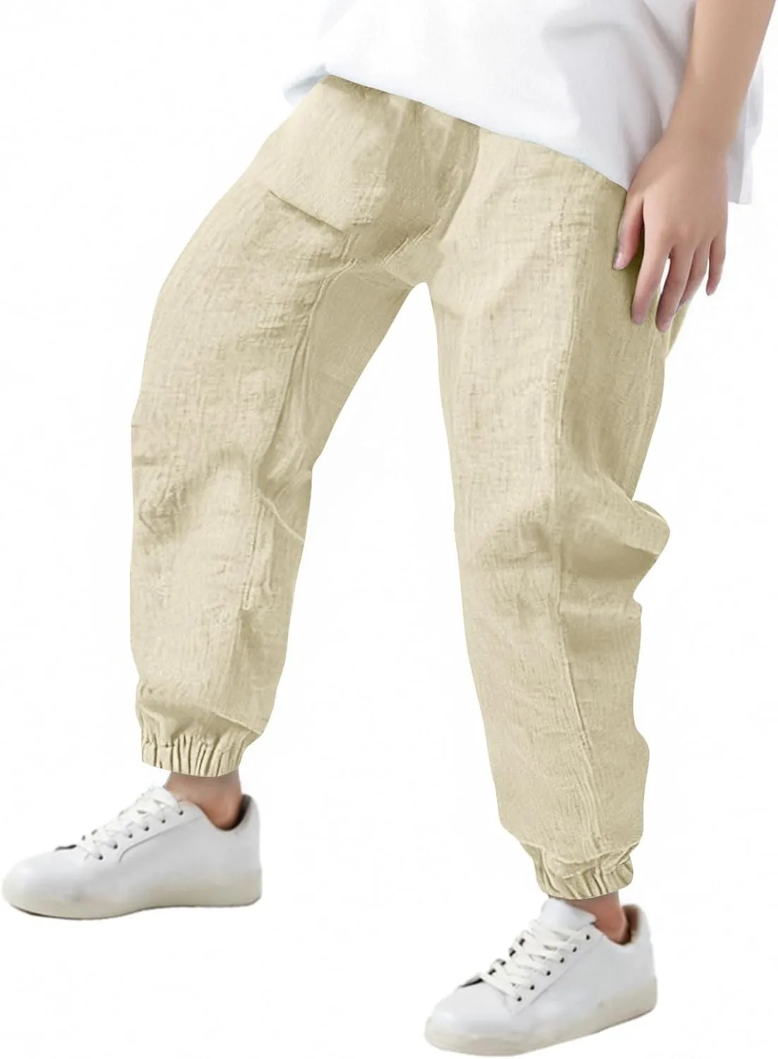 Girls Boys Casual Cotton Linen Pants Elastic Waist Drawstring Pants Kids Unisex Trendy Cinch Bottom Long Trousers