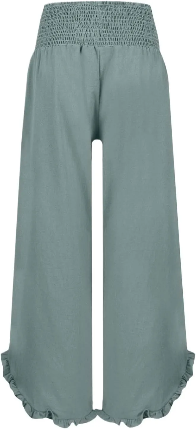 GOFULY Linen Palazzo Pants for Women Wide Leg Cute Summer Trousers Pants High Waisted Elastic Waist Comfy Clothes Pockets