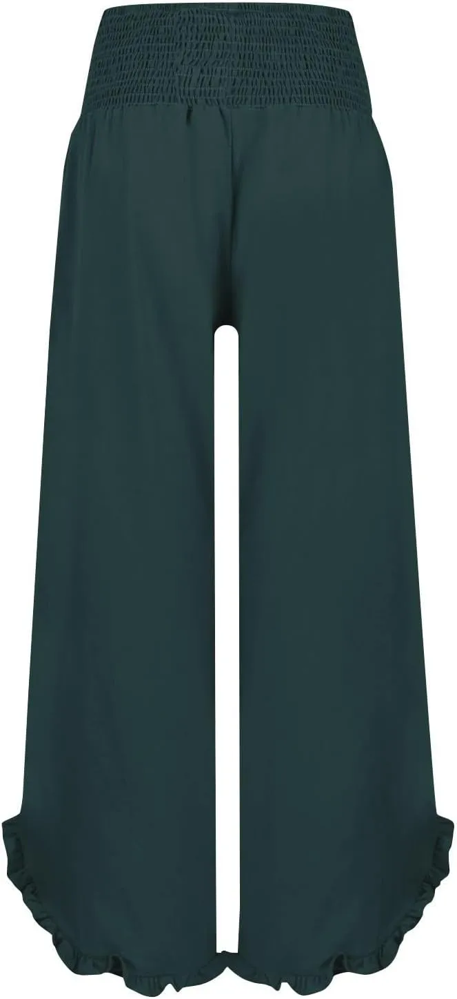 GOFULY Linen Palazzo Pants for Women Wide Leg Cute Summer Trousers Pants High Waisted Elastic Waist Comfy Clothes Pockets