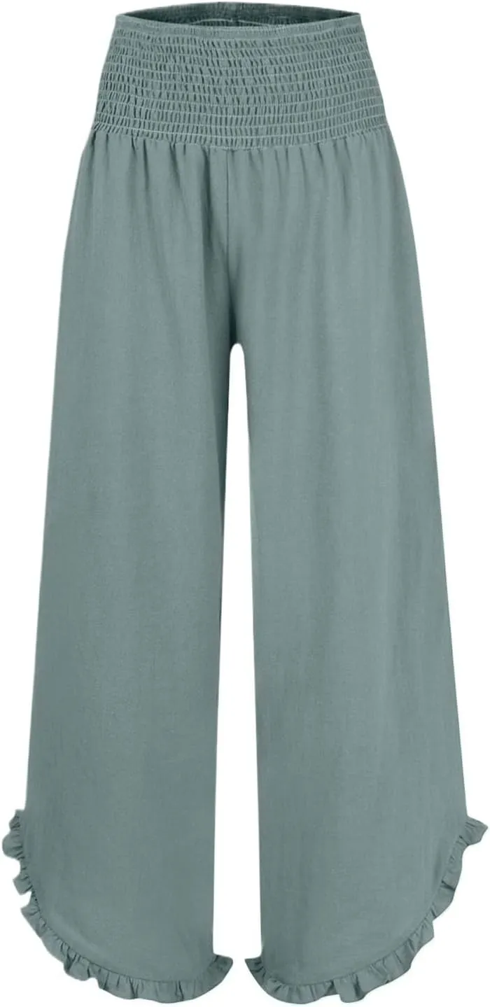 GOFULY Linen Palazzo Pants for Women Wide Leg Cute Summer Trousers Pants High Waisted Elastic Waist Comfy Clothes Pockets