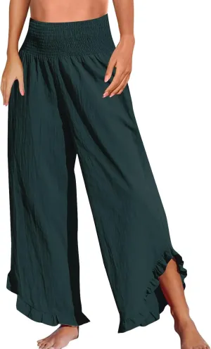 GOFULY Linen Palazzo Pants for Women Wide Leg Cute Summer Trousers Pants High Waisted Elastic Waist Comfy Clothes Pockets