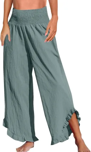 GOFULY Linen Palazzo Pants for Women Wide Leg Cute Summer Trousers Pants High Waisted Elastic Waist Comfy Clothes Pockets