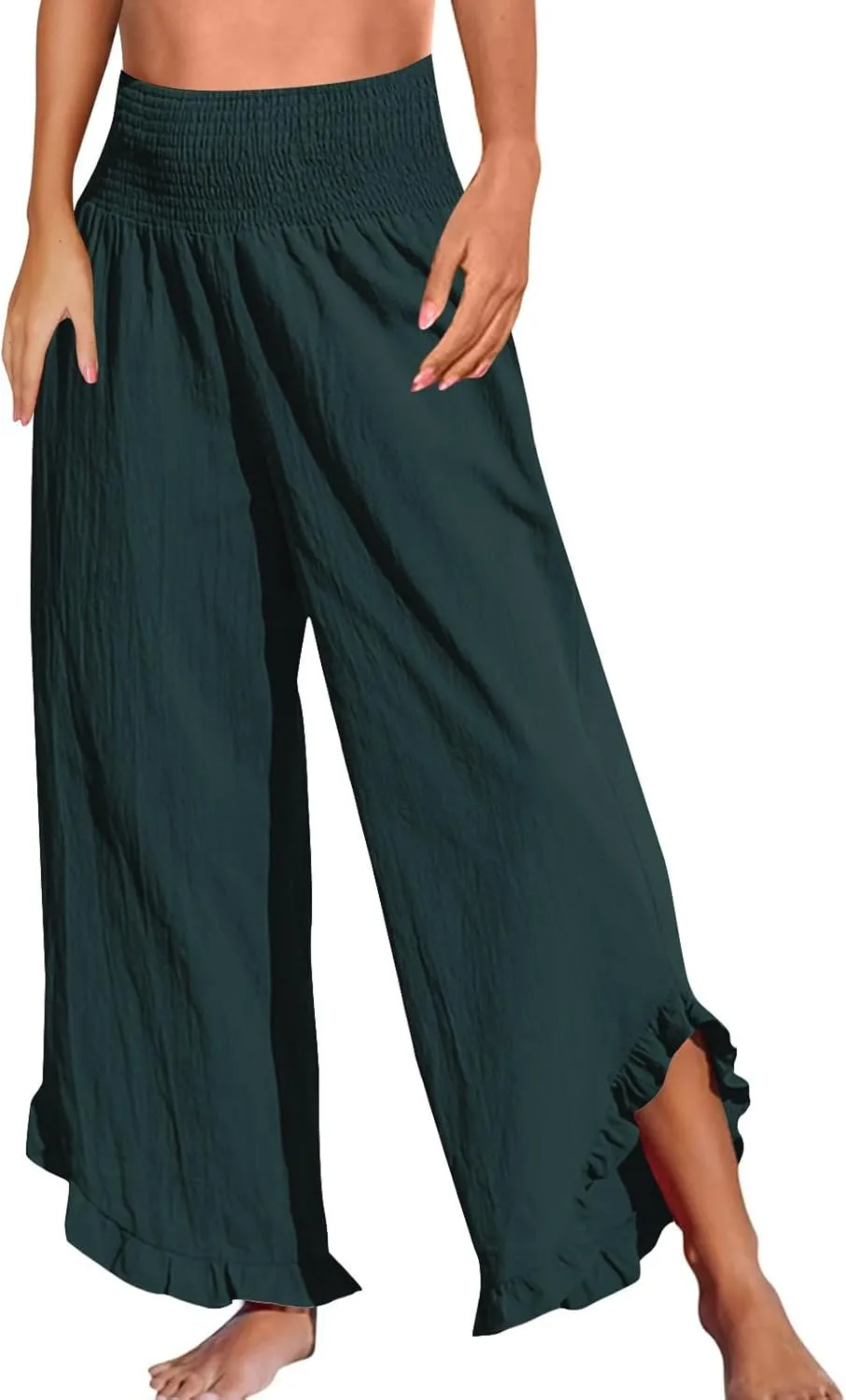 GOFULY Linen Palazzo Pants for Women Wide Leg Cute Summer Trousers Pants High Waisted Elastic Waist Comfy Clothes Pockets