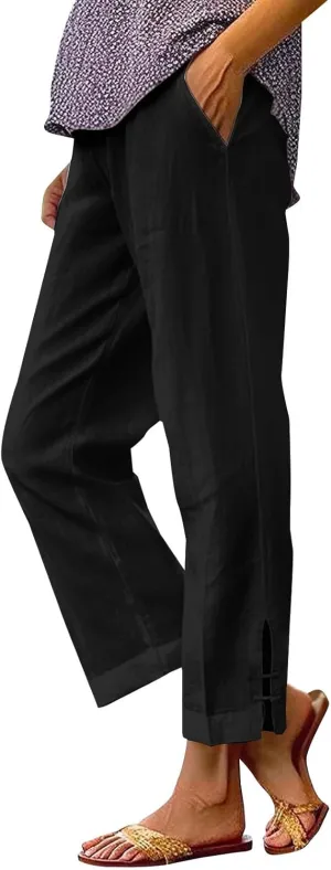 GOFULY Womens Linen Pants Wide Leg Office Casual High Waisted Pants Elastic Waist Summer Slim Fit Solid Trousers with Pockets