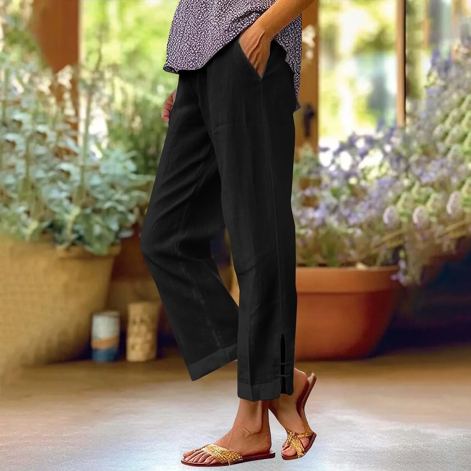 GOFULY Womens Linen Pants Wide Leg Office Casual High Waisted Pants Elastic Waist Summer Slim Fit Solid Trousers with Pockets