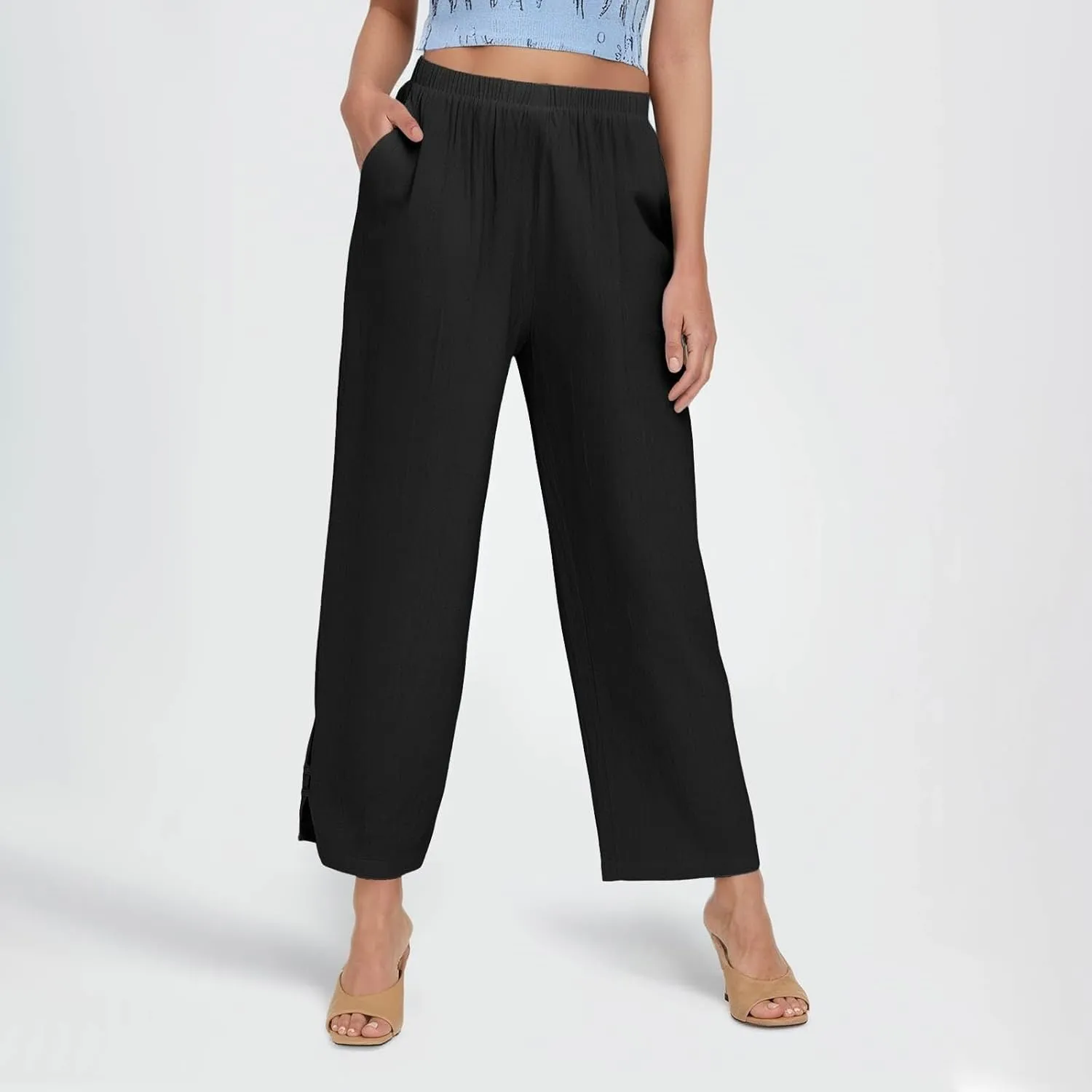 GOFULY Womens Linen Pants Wide Leg Office Casual High Waisted Pants Elastic Waist Summer Slim Fit Solid Trousers with Pockets