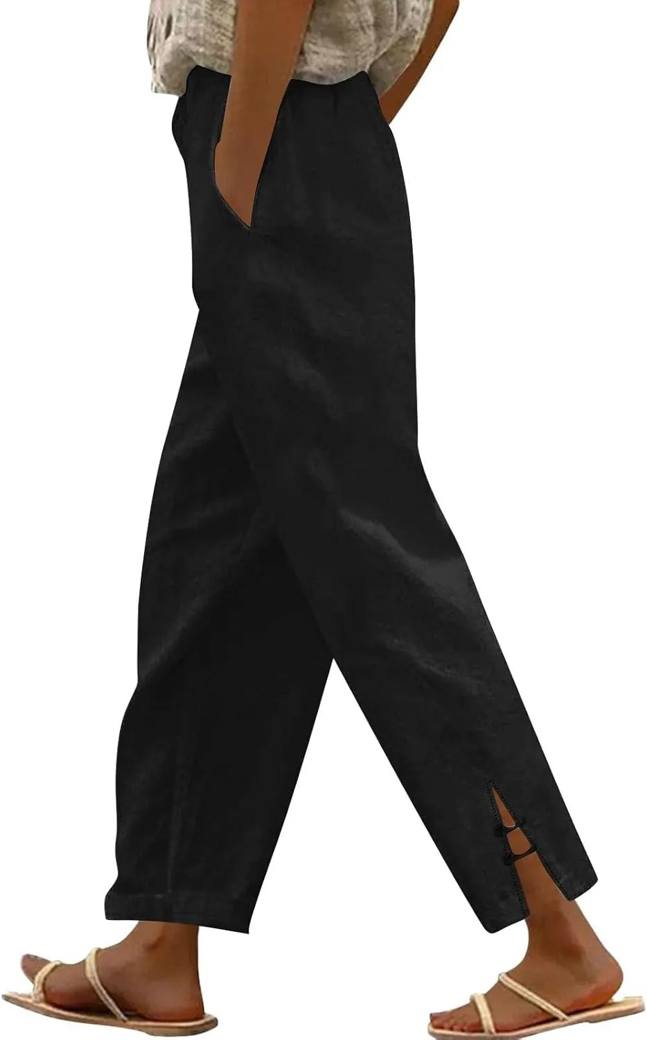 GOFULY Womens Linen Pants Wide Leg Office Casual High Waisted Pants Elastic Waist Summer Slim Fit Solid Trousers with Pockets
