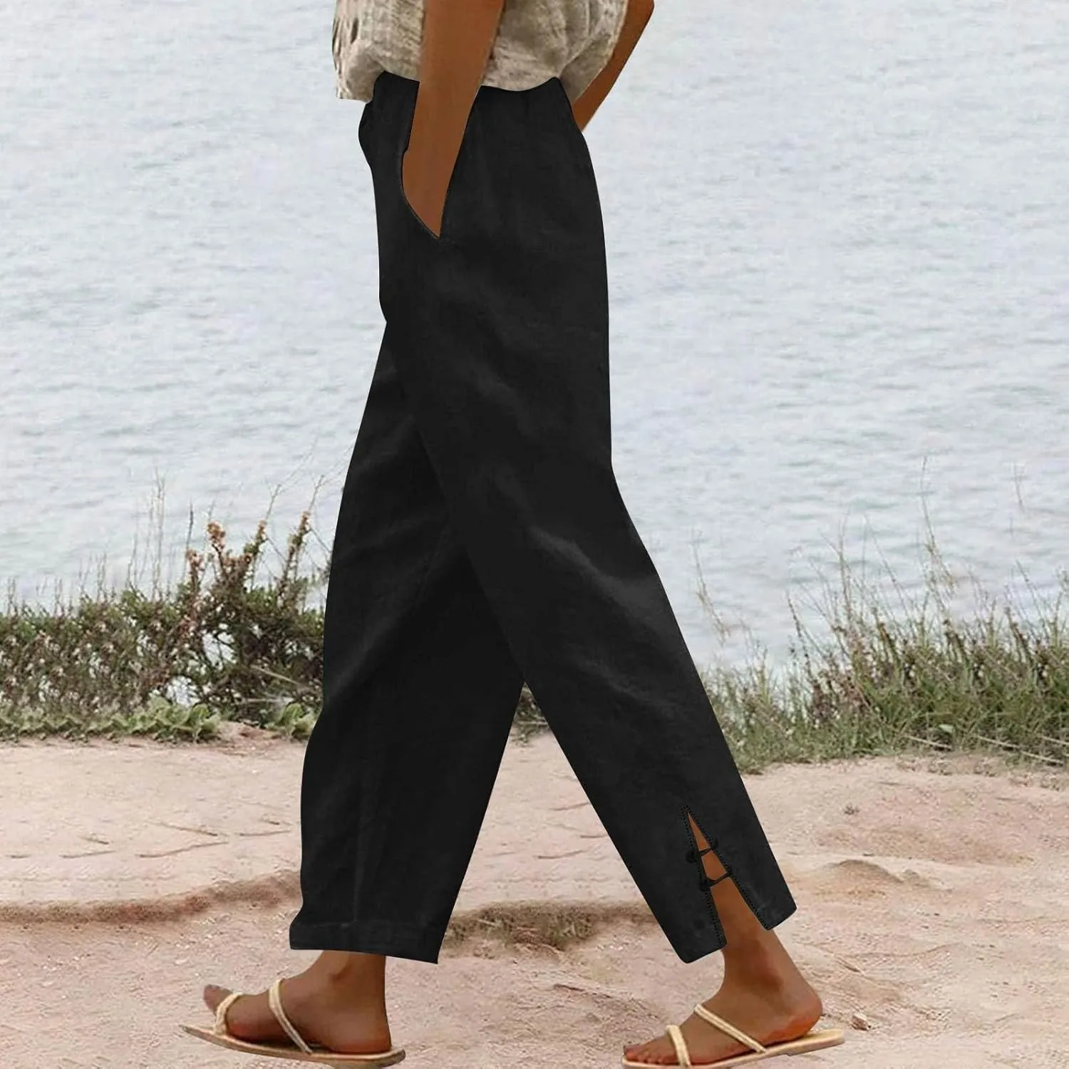 GOFULY Womens Linen Pants Wide Leg Office Casual High Waisted Pants Elastic Waist Summer Slim Fit Solid Trousers with Pockets