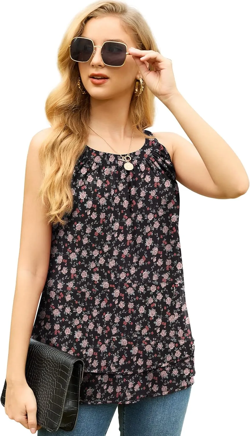 GRECERELLE Womens Halter Tops Casual Sleeveless Tank Tops Pleated Chiffon Vest Shirts Round Neckline Fashion Layered Blouse