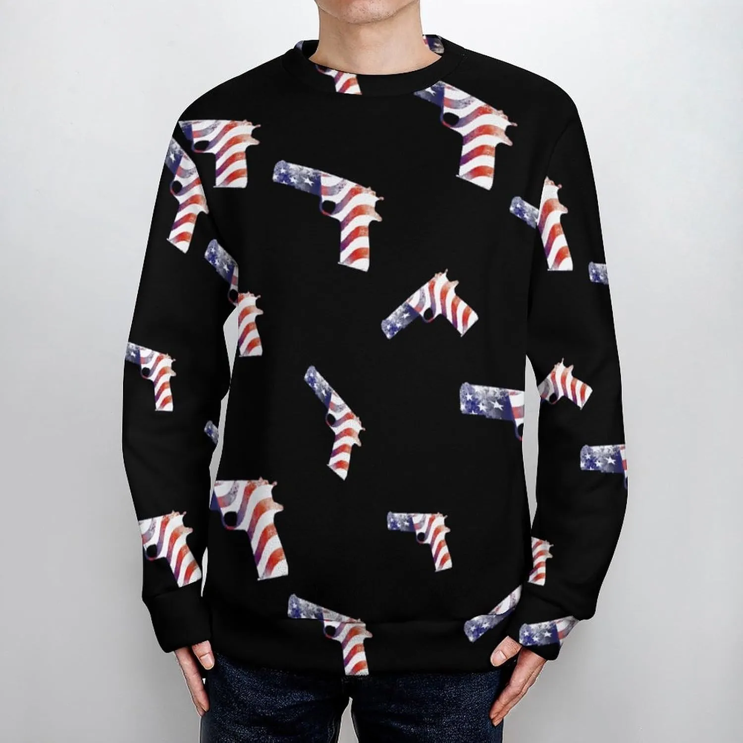 Guns with U.S. Flag Crew Neck Sweater Oversized Long Sleeve Pure Cotton Casual Knit Pullover Sweatshirt