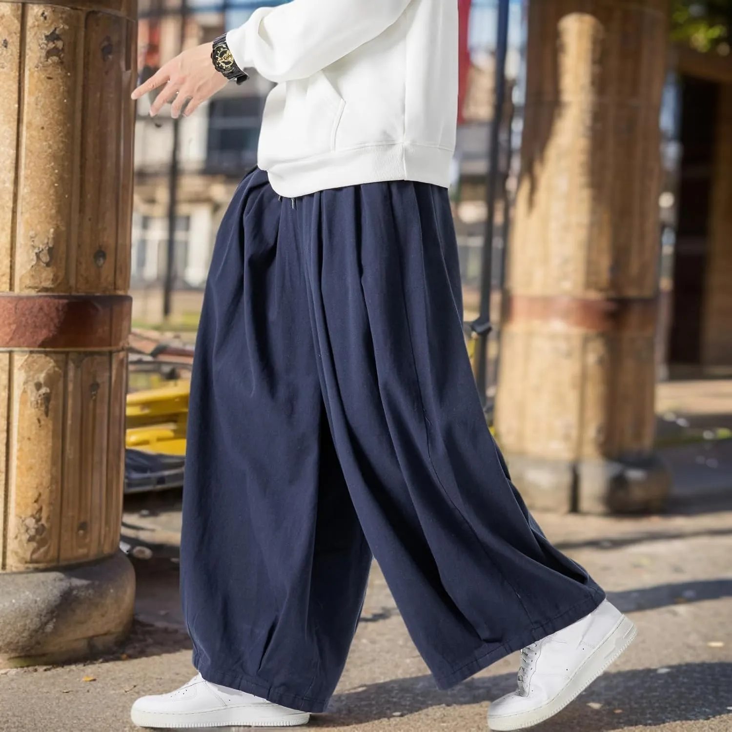 GURUNVANI Mens Wide Leg Harem Pants Japanese Loose Fit Pants Casual Elastic Waist Trouser