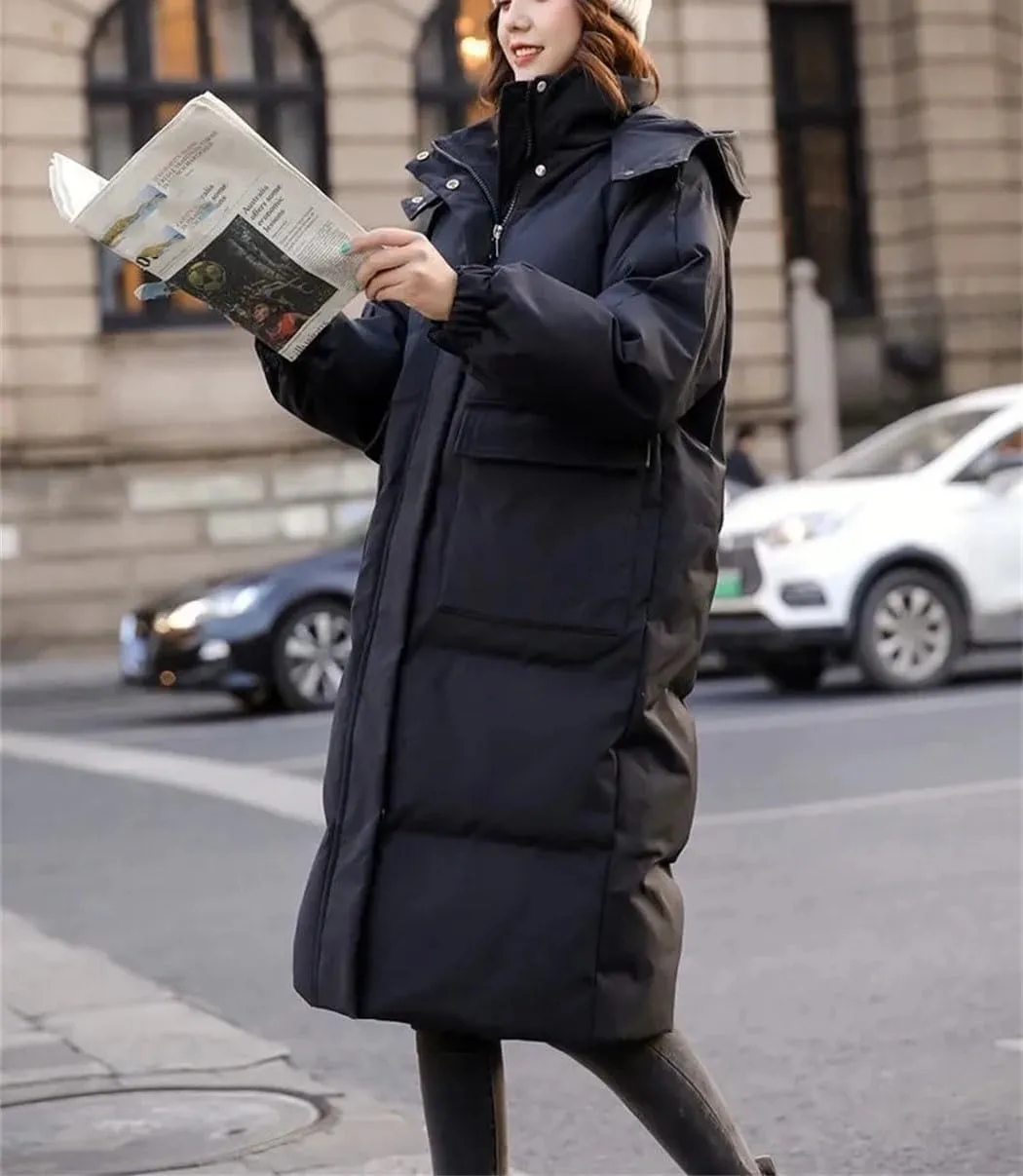 Haitpant Women's Down Cotton Jacket Winter Korean Loose Cotton-Padded Coat Casual Long Overcoat Thick Warm Hooded Parka