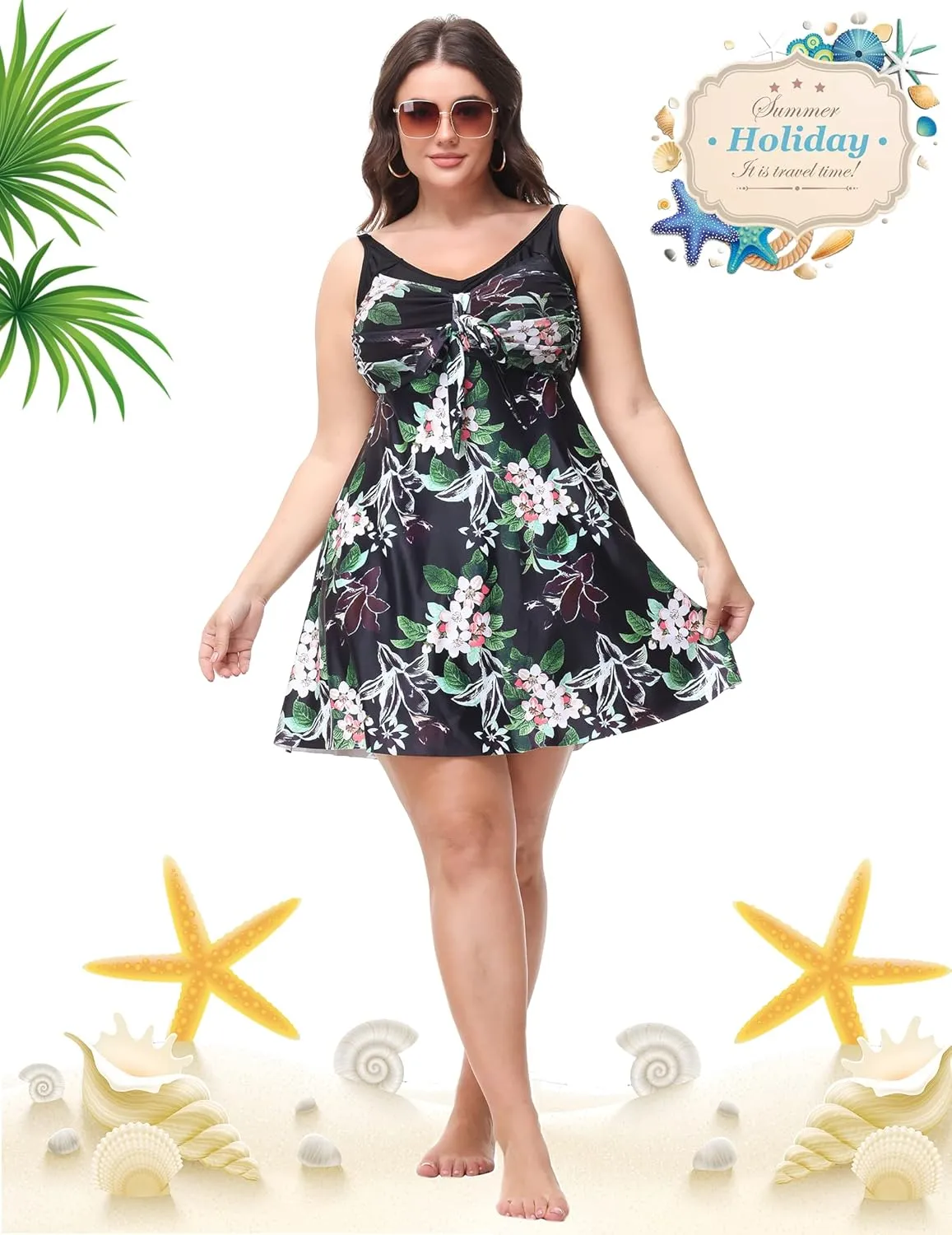 Hanna Nikole Women's Two Piece Swim Dress Plus Size Tummy Control Floral Printed Swimwear Swimsuits with Boyshort