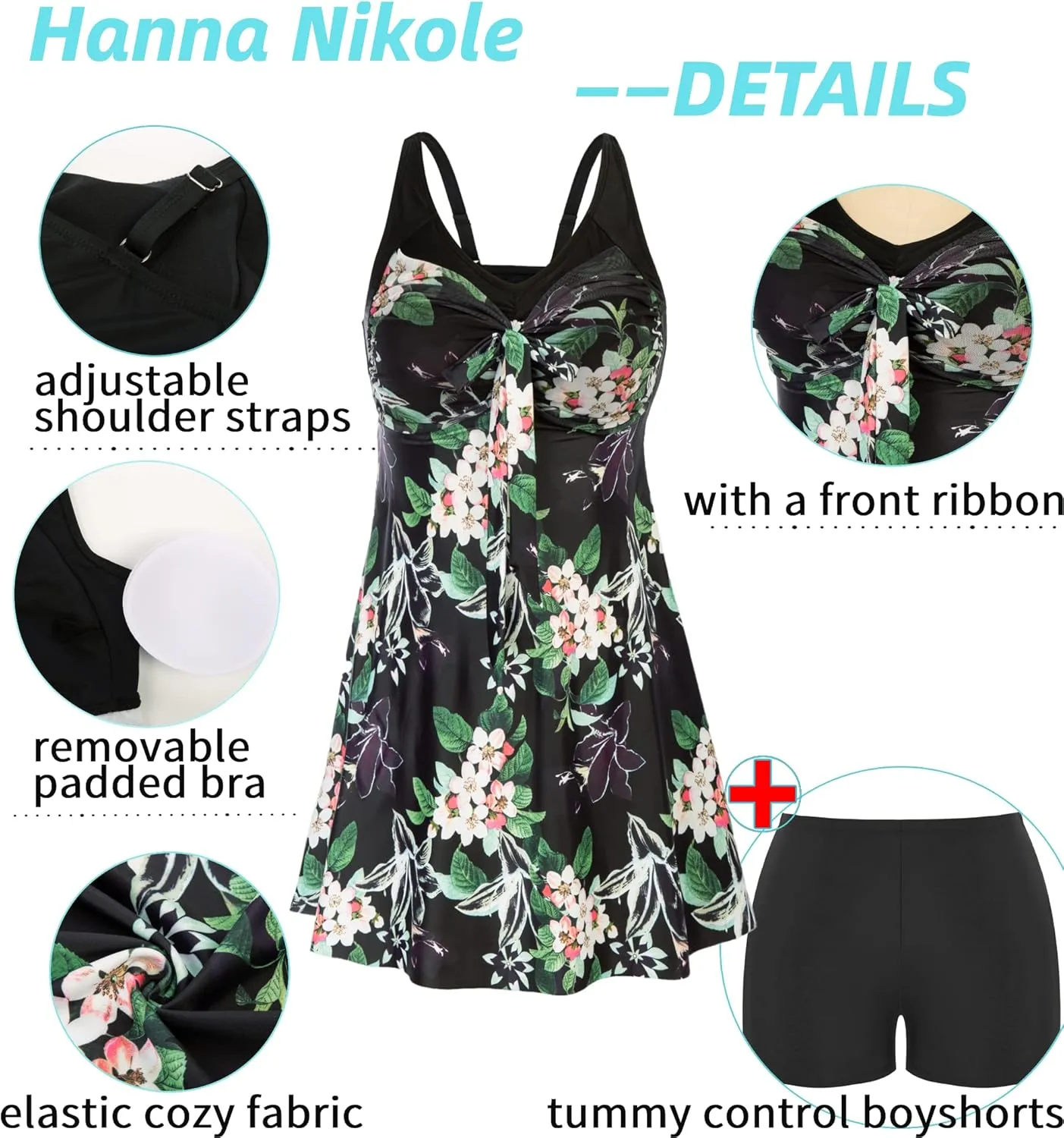 Hanna Nikole Women's Two Piece Swim Dress Plus Size Tummy Control Floral Printed Swimwear Swimsuits with Boyshort