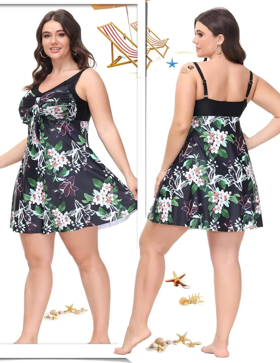 Hanna Nikole Women's Two Piece Swim Dress Plus Size Tummy Control Floral Printed Swimwear Swimsuits with Boyshort