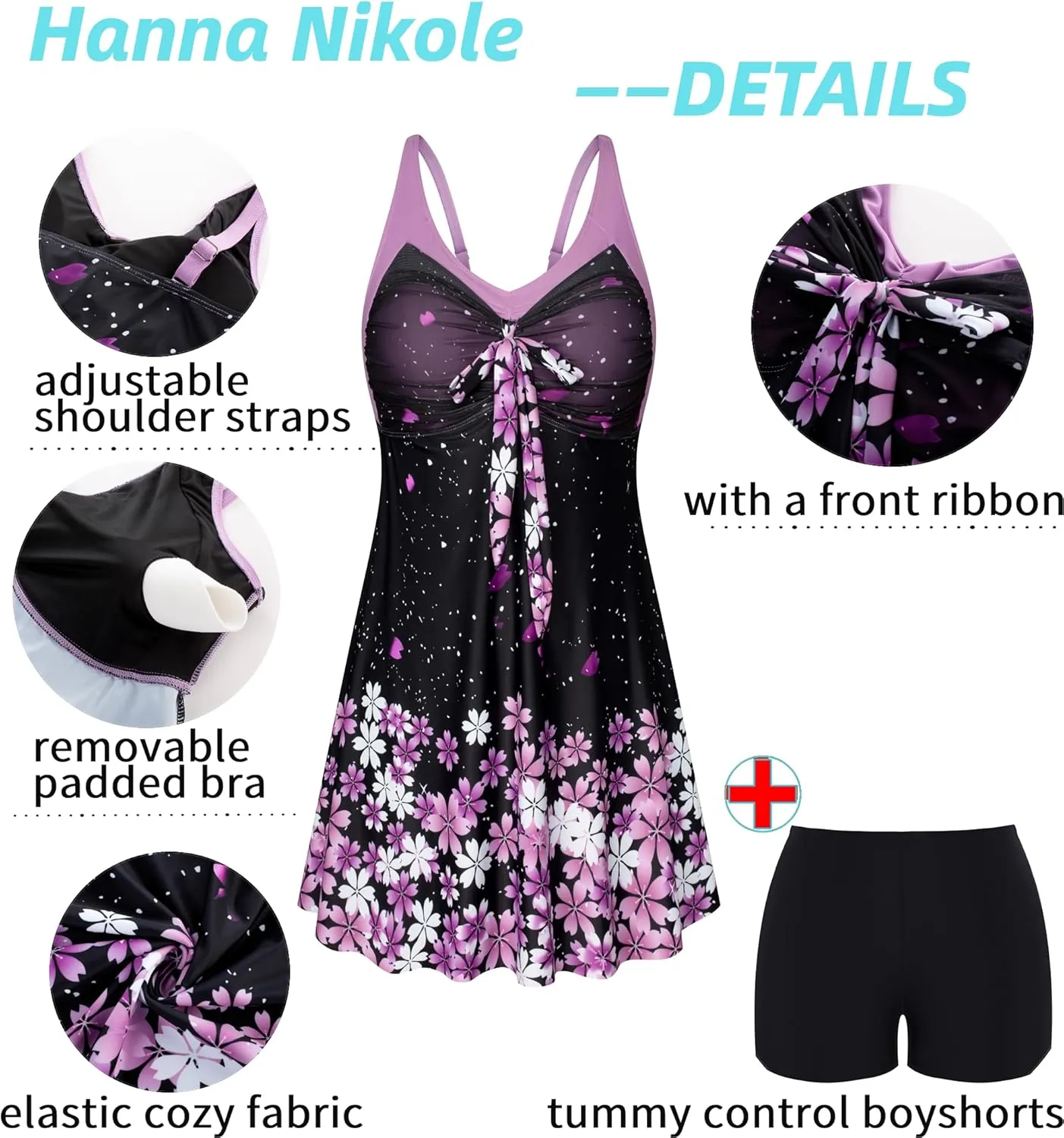 Hanna Nikole Women's Two Piece Swim Dress Plus Size Tummy Control Floral Printed Swimwear Swimsuits with Boyshort
