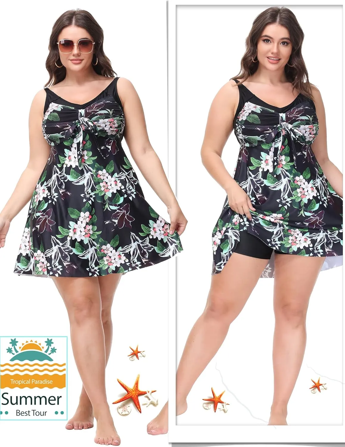 Hanna Nikole Women's Two Piece Swim Dress Plus Size Tummy Control Floral Printed Swimwear Swimsuits with Boyshort