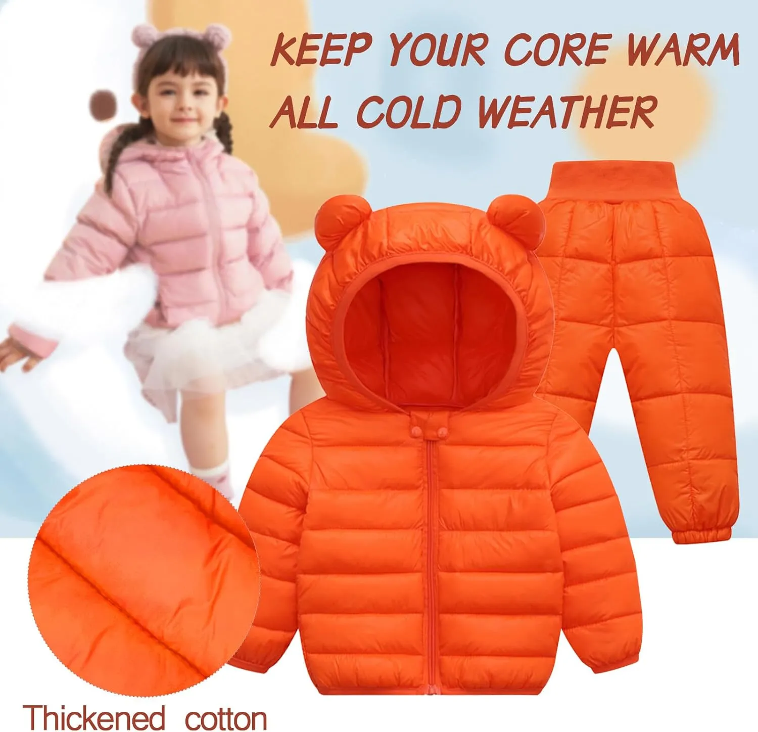 Happy Cherry Baby Boys Girls Two Piece Snowsuit Winter Hooded Puffer Down Jacket and Elastic Waist Snow Pants Sets