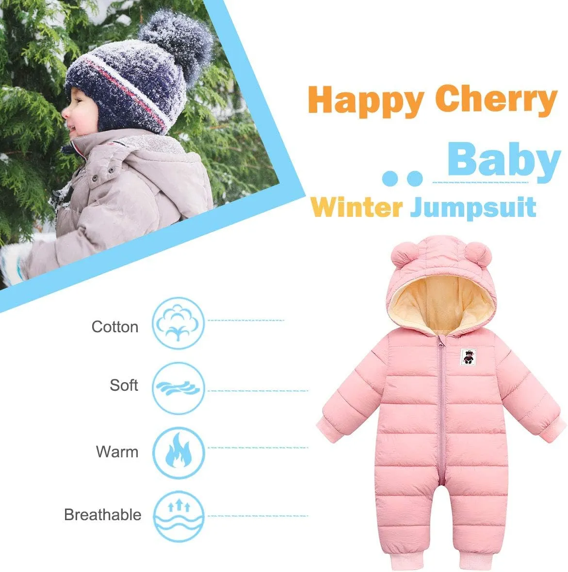 Happy Cherry Baby Snowsuit Winter Coat Warm Hoodie Romper Puffer Jacket