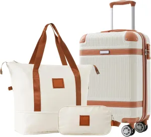 Hardshell Luggage Set 3 Piece Carry-On Suitcase Spinner Wheels TSA Lock White 20in