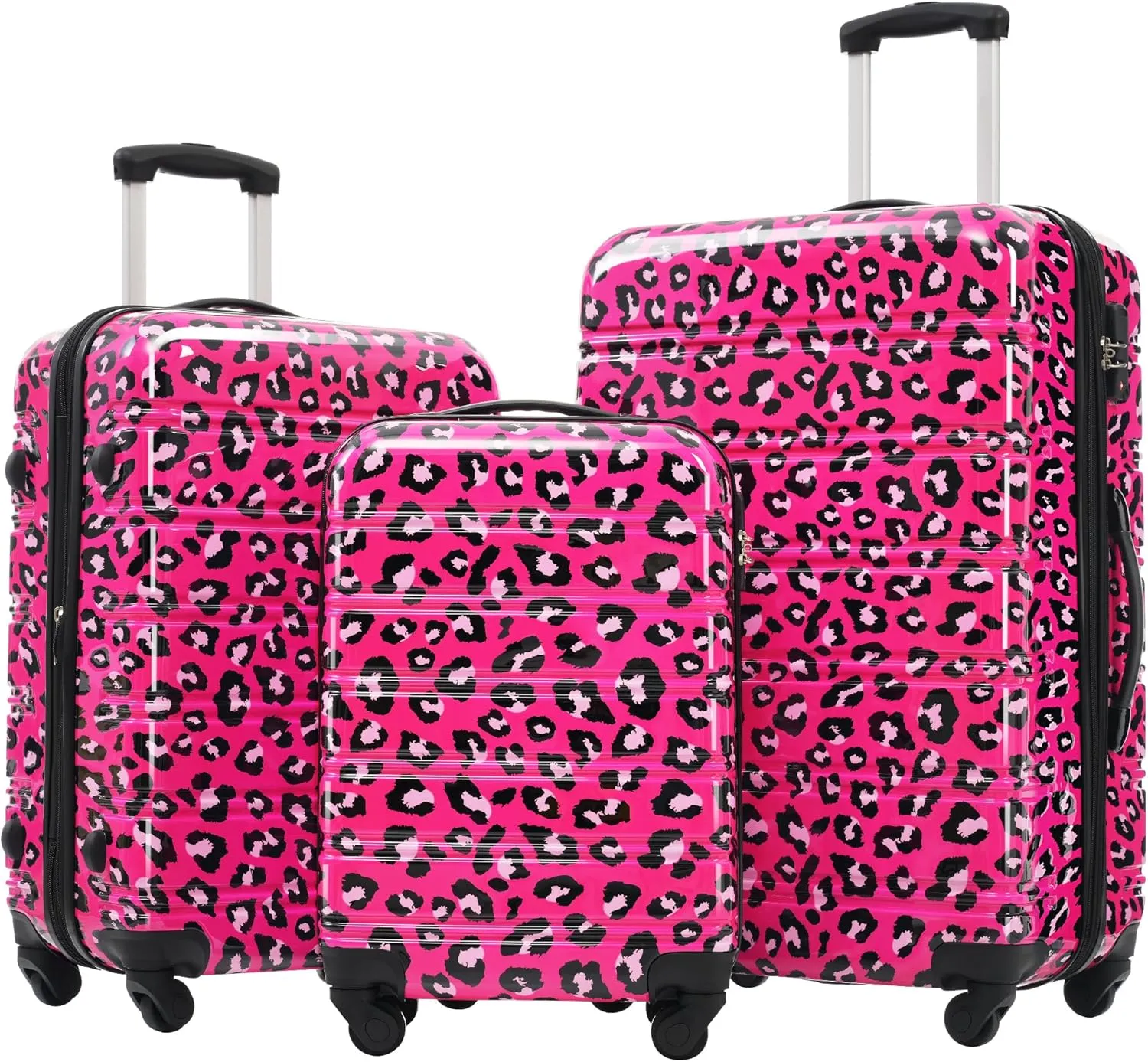 Hardshell Luggage Set 3pcs (20 Inches   24 Inches   28 Inches) Spinner Suitcases With Tsa Lock, Lightweight, Durable, Hot Pink Leopard Print  Travel